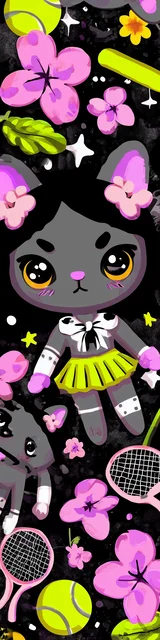 Free kawaii cats bookmark featuring a tennis-playing cat wearing a green skirt